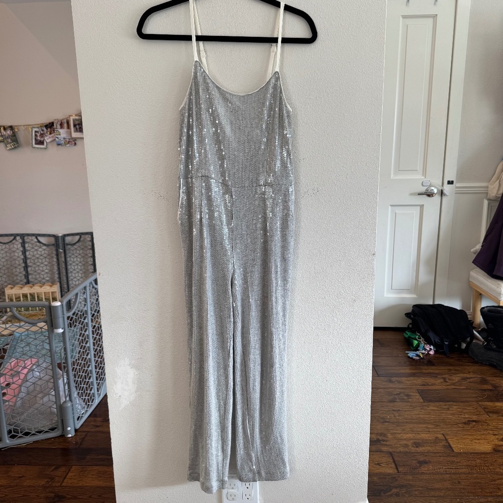 Etoile by Anthropologie Silver Sequin Wide-Leg Jumpsuit